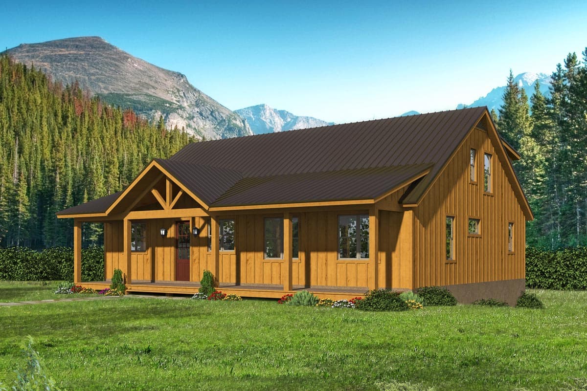 House plan exterior. One-story cabin with gabled roof, covered porch with exposed beams, and multiple windows. Features vertical siding.