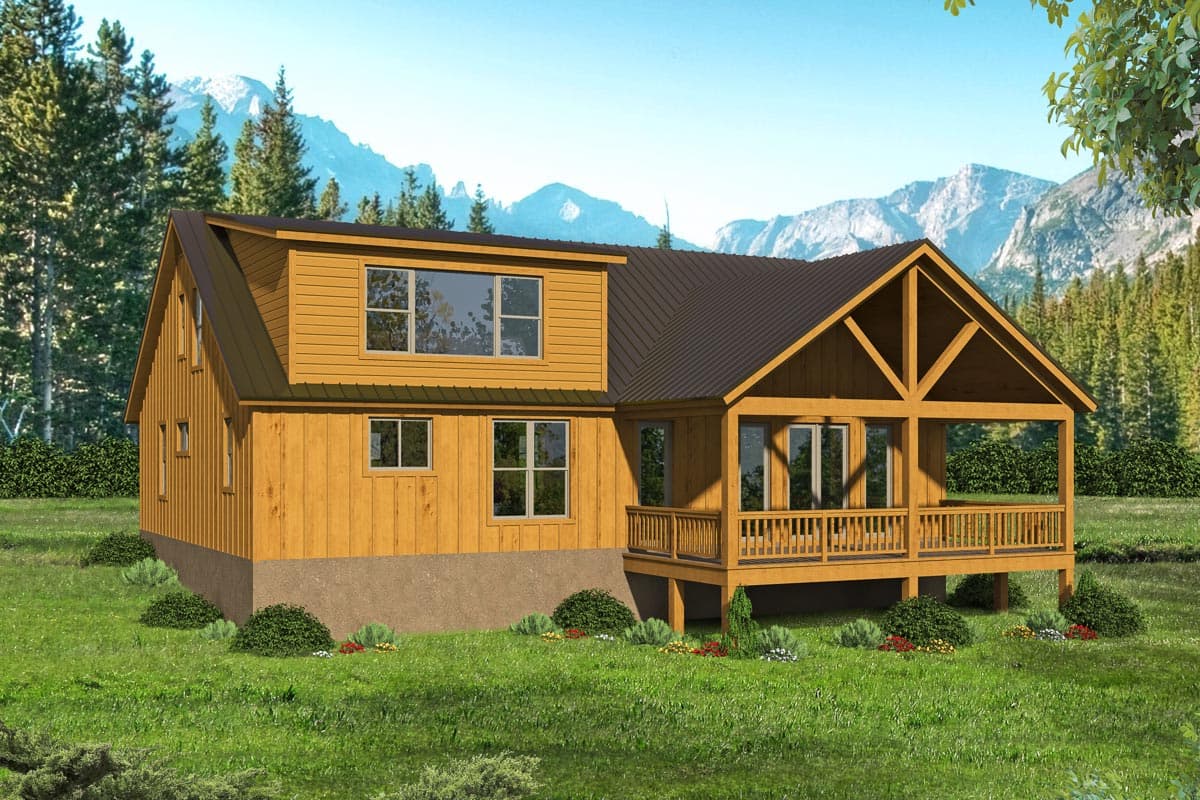 House plan exterior: two-story A-frame cabin with covered porch, wood siding, and exposed rafter tails.