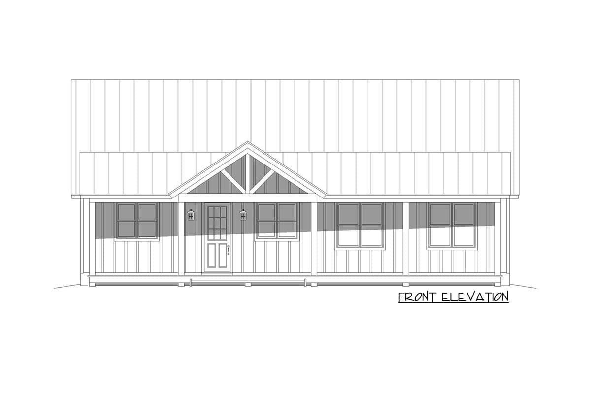 Front elevation drawing of a single-story house with a gabled entrance, porch, and metal roof.