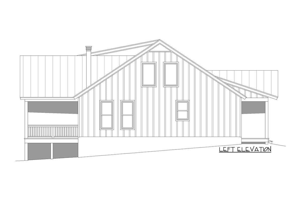Left elevation house plan: gambrel roofline, metal siding, porch with railing, chimney, and several windows.