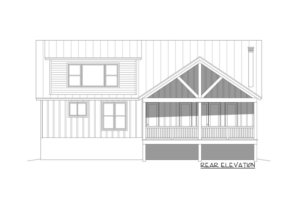 Rear elevation drawing of a two-story house plan with a covered porch, gables, and multiple windows.