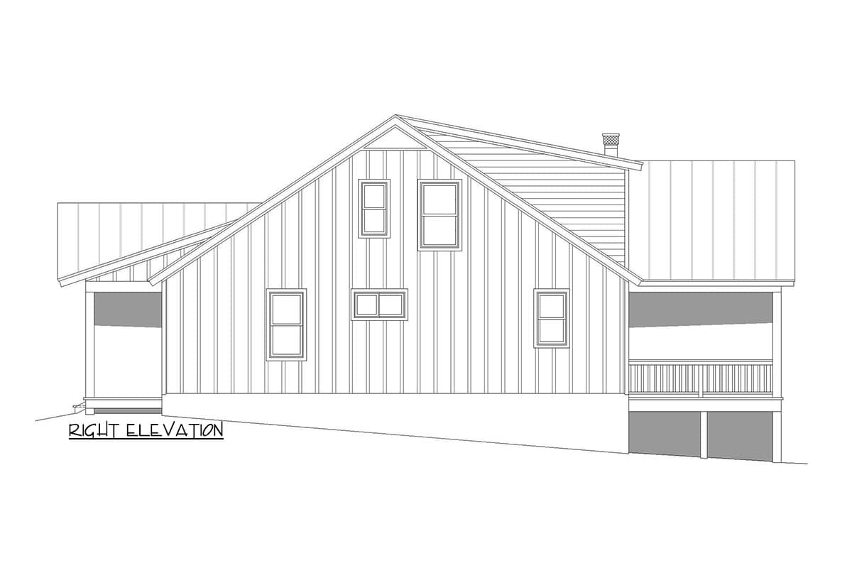 Right elevation house plan. Gable roof with metal roofing, vertical siding, and multiple windows. Porch on left, deck on right.