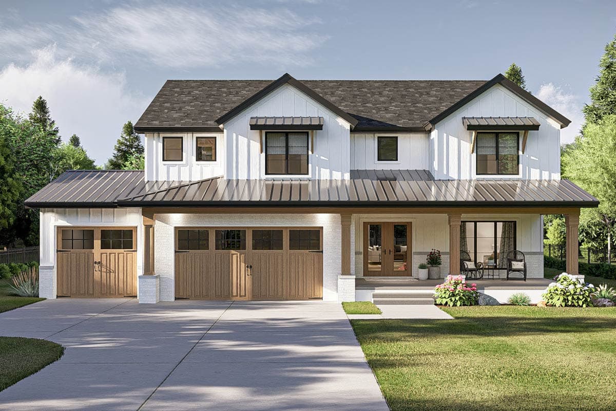 House plan exterior. Two-story Modern Farmhouse with a metal roof, front porch, two dormers, and a three-car garage.