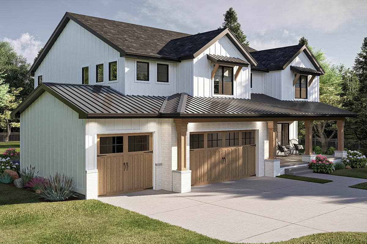 Modern Farmhouse house plan exterior with board-and-batten siding, metal roof, gabled dormers, and a three-car garage.