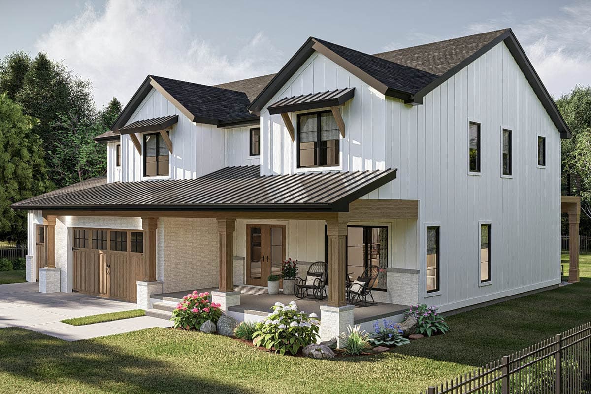 Modern Farmhouse house plan exterior with white board and batten siding, gabled dormers, metal roof, and covered front porch with wood posts.