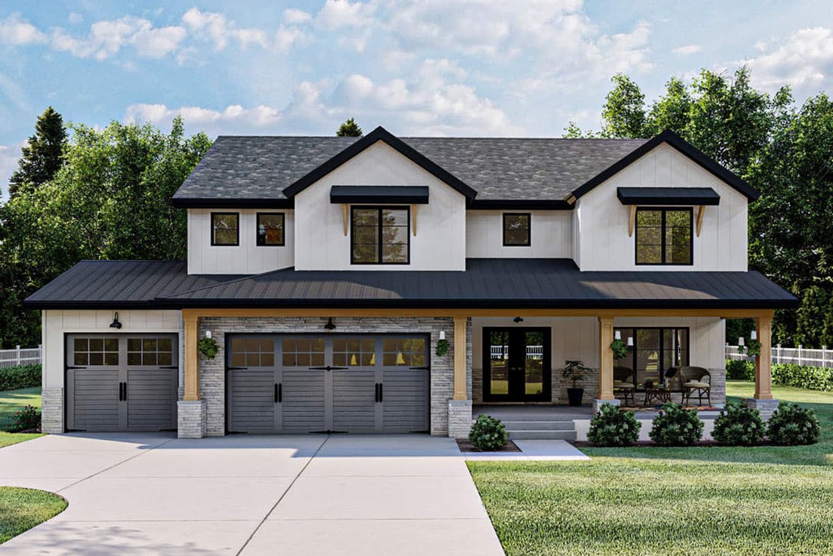 Two-story Modern Farmhouse house plan exterior with a metal roof, three-car garage, stone accents, and a covered front porch.