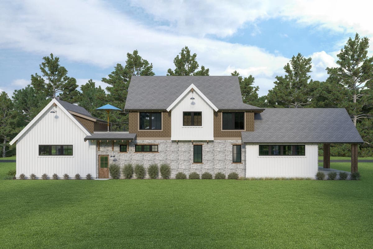 House plan exterior with stone and vertical siding, multiple gables, and a covered porch.