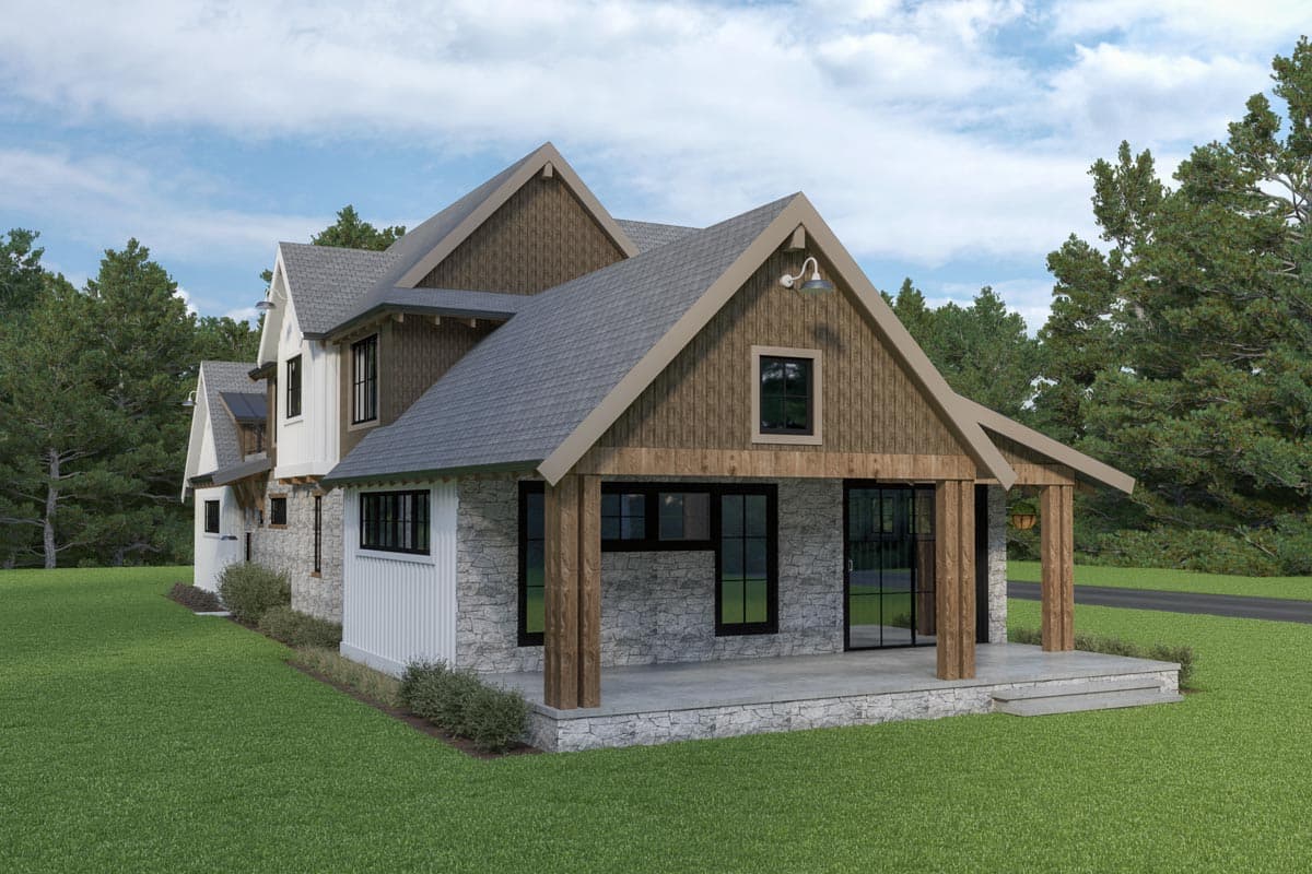 House plan exterior: Two-story Modern Farmhouse with stone and wood siding, multiple gables, and a covered porch with timber posts.