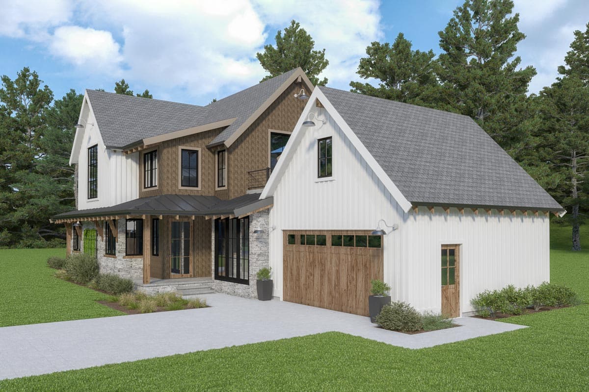 Modern Farmhouse house plan exterior with two stories, prominent gables, stone accents, and a side-entry garage.