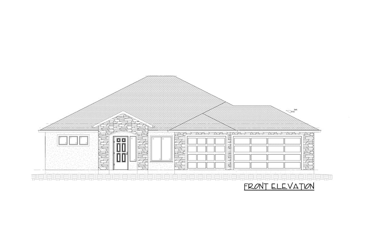 Front elevation drawing of a single-story house with stone accents, a double garage, and multi-pane windows.