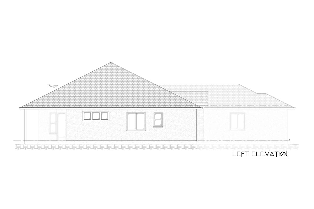 Left elevation drawing of a single-story house plan with a hip roof, multiple windows, and a covered entryway.