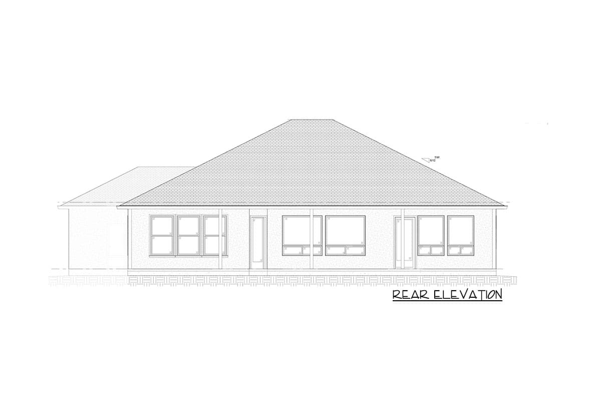 Rear elevation drawing of a one-story house with a hipped roof, featuring multiple windows and a door.