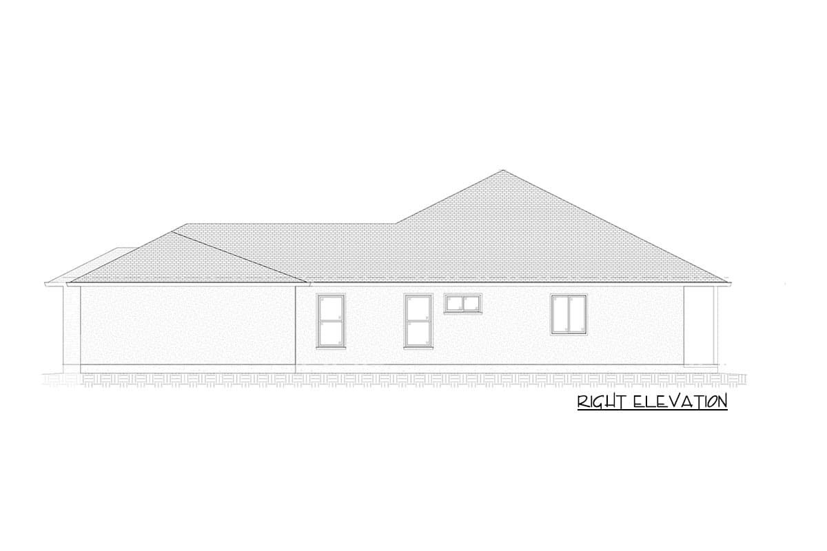 Right elevation drawing of a single-story house plan, showing a hip roofline, eaves, and three windows.