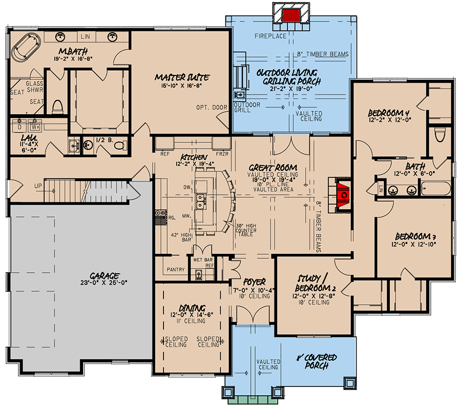 Plan 70676MK: 4-Bed French Country House Plan with Vaulted Ceiling and Bonus Room - 2537 Sq Ft - Floor Plan - Main Level - Country, European, French Country, Traditional