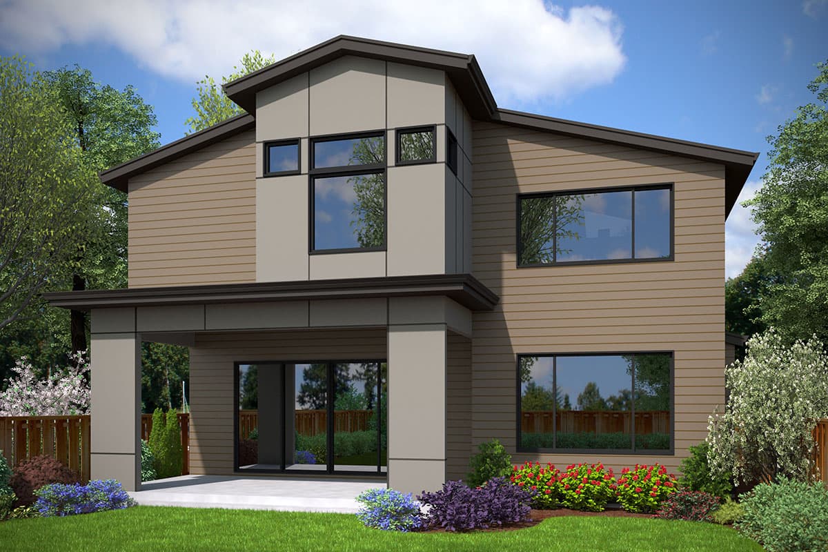 Modern house plan exterior with horizontal siding, a covered patio, and stacked windows on the second story.