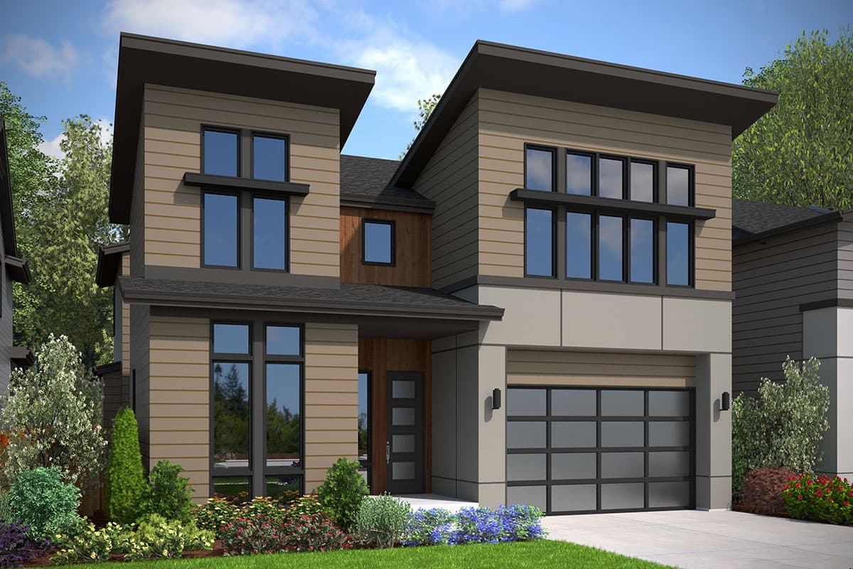 Modern house plan exterior with horizontal siding, two stories, a flat roofline, a glass garage door, and prominent dark-framed windows.