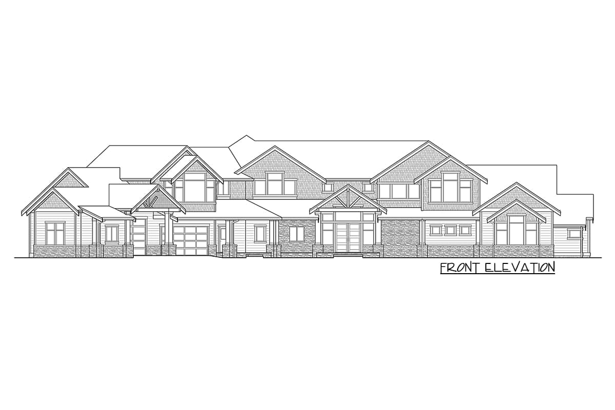 Front elevation drawing of a large house with multiple gables, a prominent covered entry, and a three-car garage.