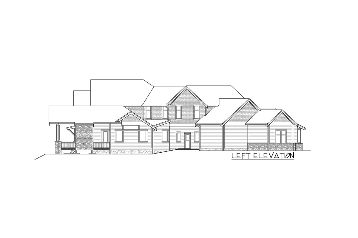 Left elevation house plan drawing showing multiple gables, a covered porch with stone accents, and varied rooflines.