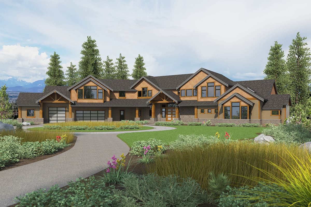 House plan exterior. Two-story Craftsman style home with gabled roof, prominent dormers, and attached garage. Stone and wood accents.