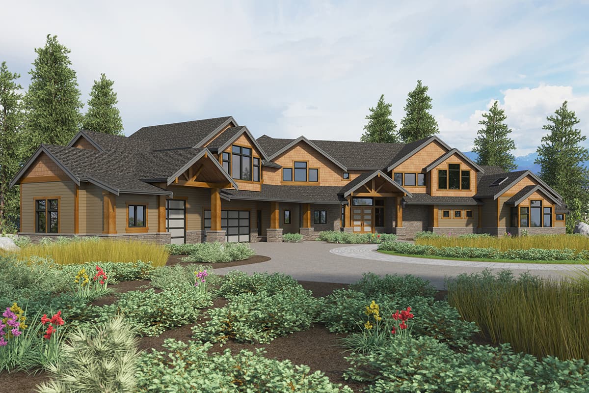 Modern Ranch house plan exterior with a wide U-shaped driveway, exposed wood beams, stone accents, and a multi-level roofline.