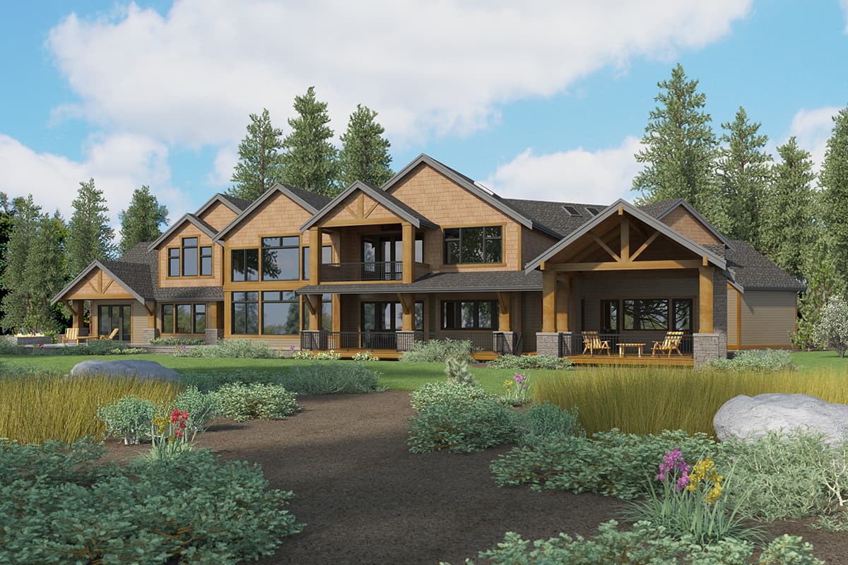 House plan exterior: Modern Mountain style, two stories, covered porches, gables, and stone accents.