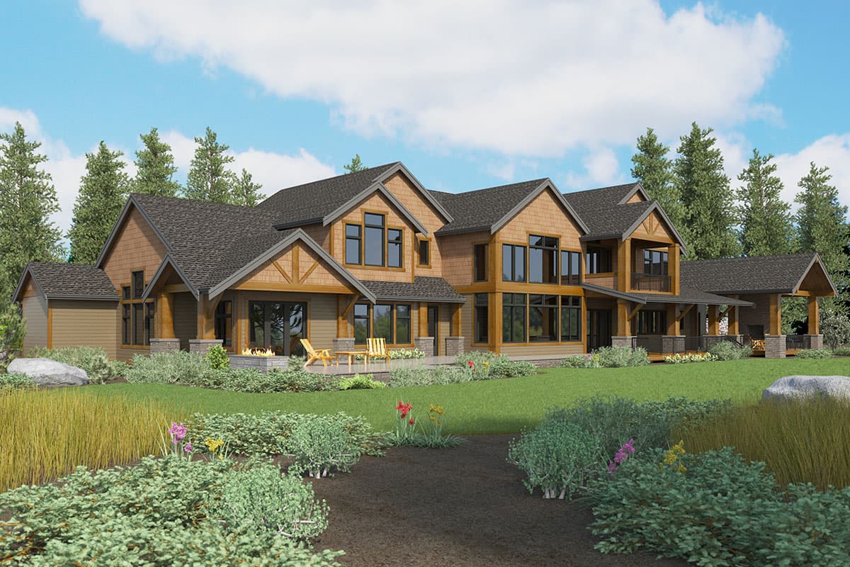 House plan exterior: two-story residence with multiple gables, exposed timber framing, stone accents, and a covered porch.