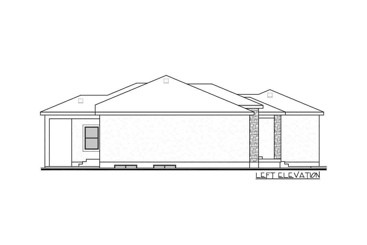 Left elevation of a single-story house plan with a gabled roof, covered entry, and stone accents.