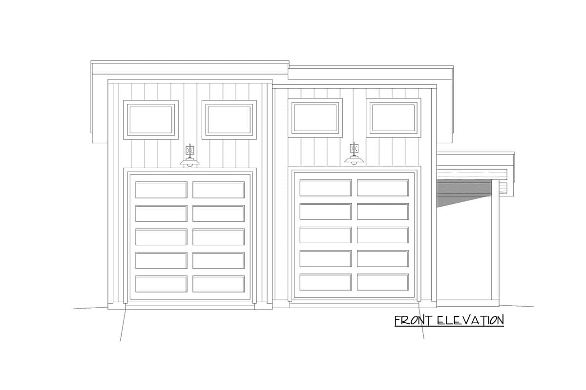 Front elevation drawing of a house plan showing two garage doors, four windows, and two exterior light fixtures.
