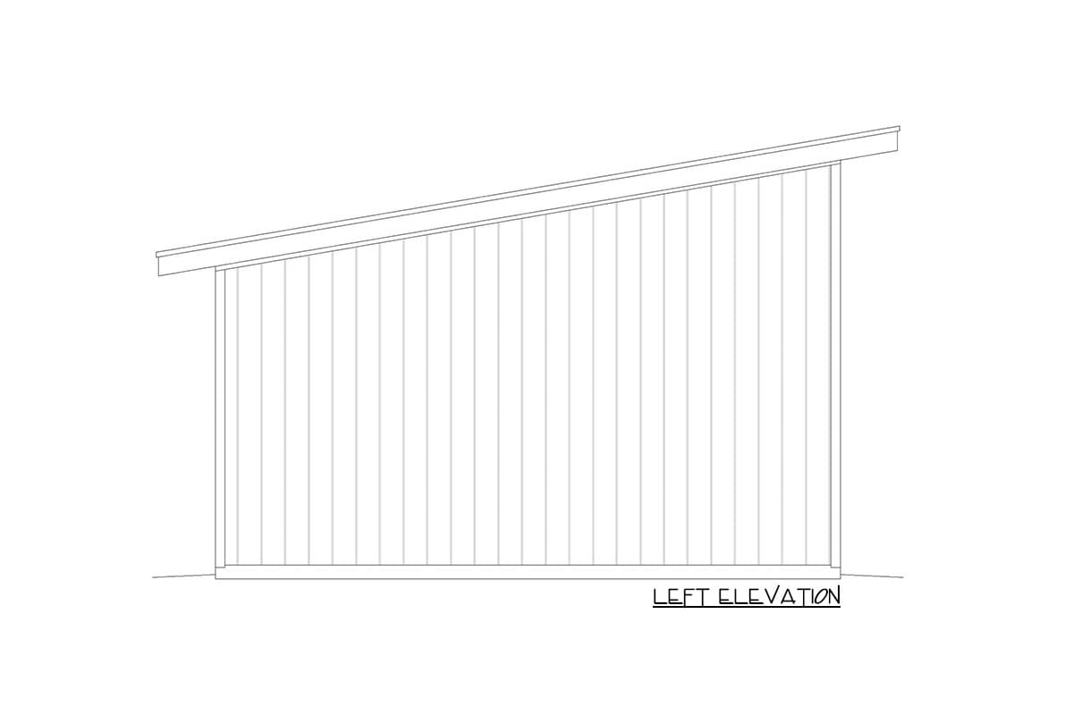 Left elevation drawing of a house plan featuring vertical siding and a shed roof.