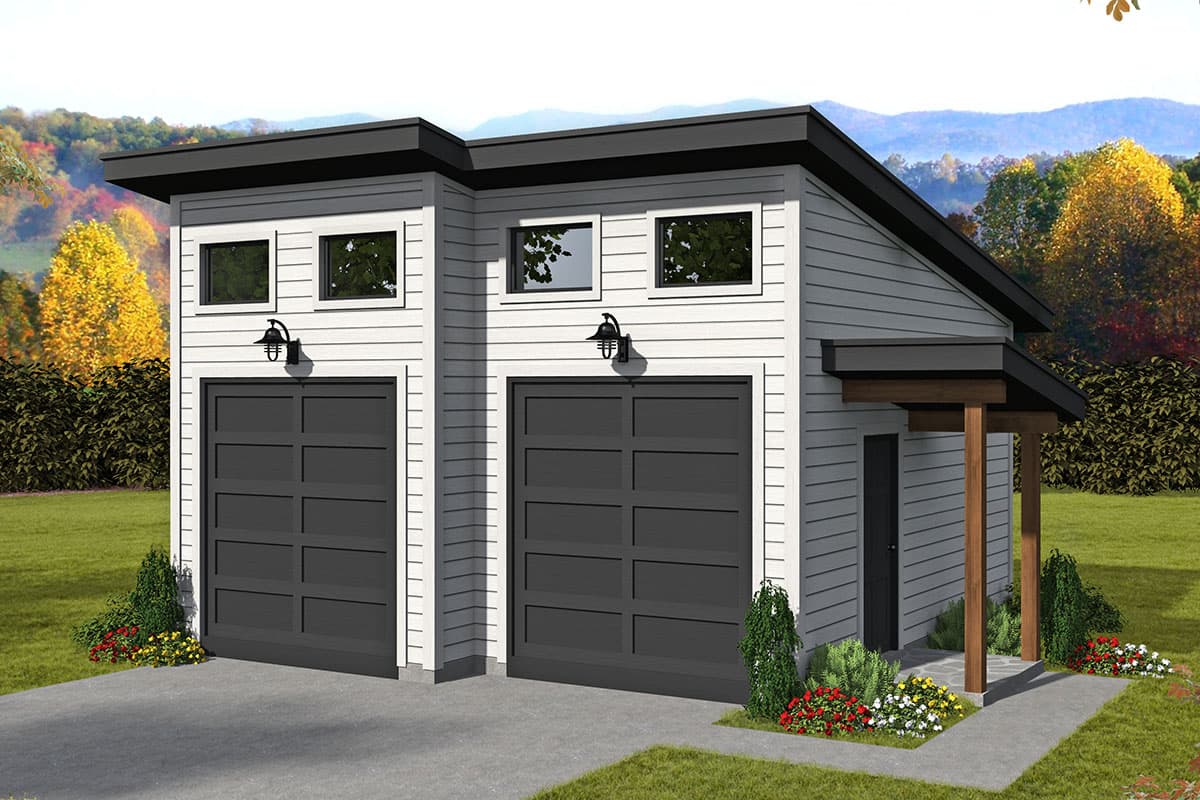 House plan exterior with modern style, two-car garage, flat roof, and a covered entry. Features include horizontal siding and accent windows.