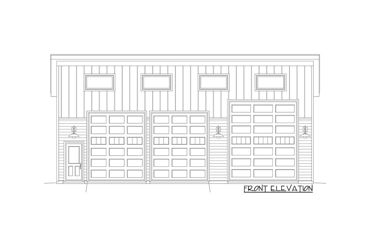 Front elevation drawing of a garage with three overhead doors, a side door, and four rectangular windows.