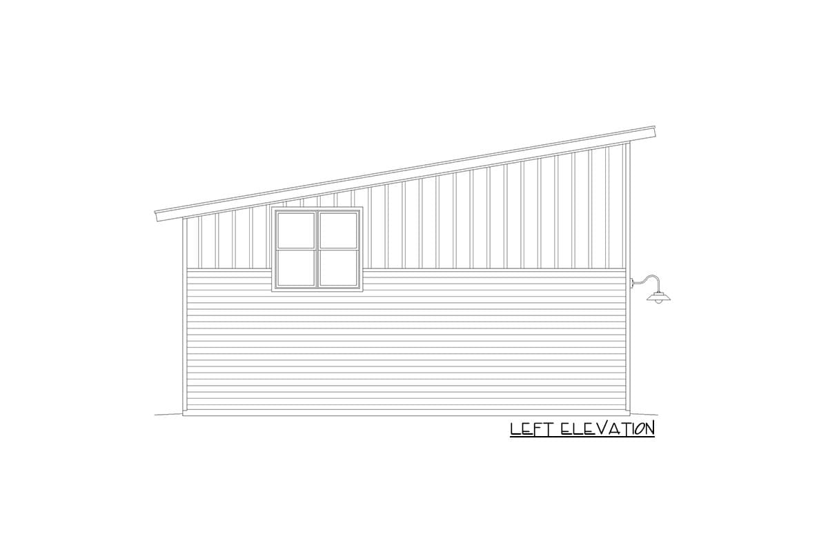Left elevation drawing of a house with horizontal siding, vertical siding, a window, and an outdoor light fixture.