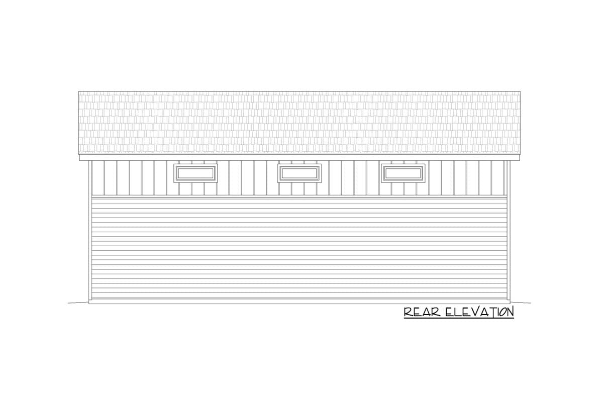 Rear elevation drawing of a house with horizontal siding, vertical siding, and three small, rectangular windows.