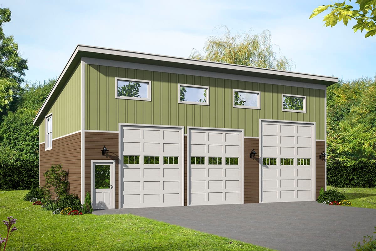 House plan exterior. Two-story structure with a flat roof. Features include three garage bays, a small entry door, and vertical siding.