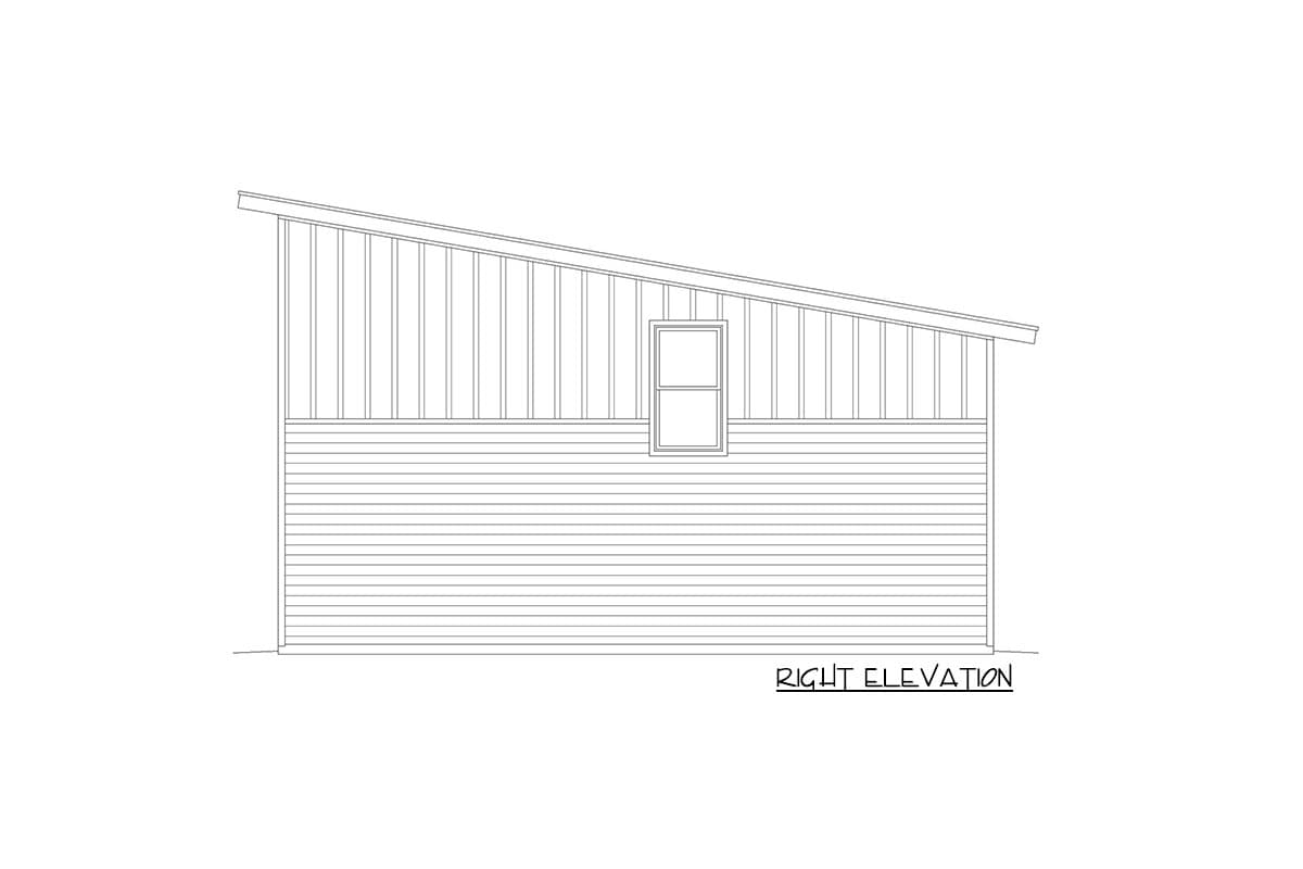 Right elevation drawing of a house with a single-story shed roof, vertical siding above horizontal siding, and one window.