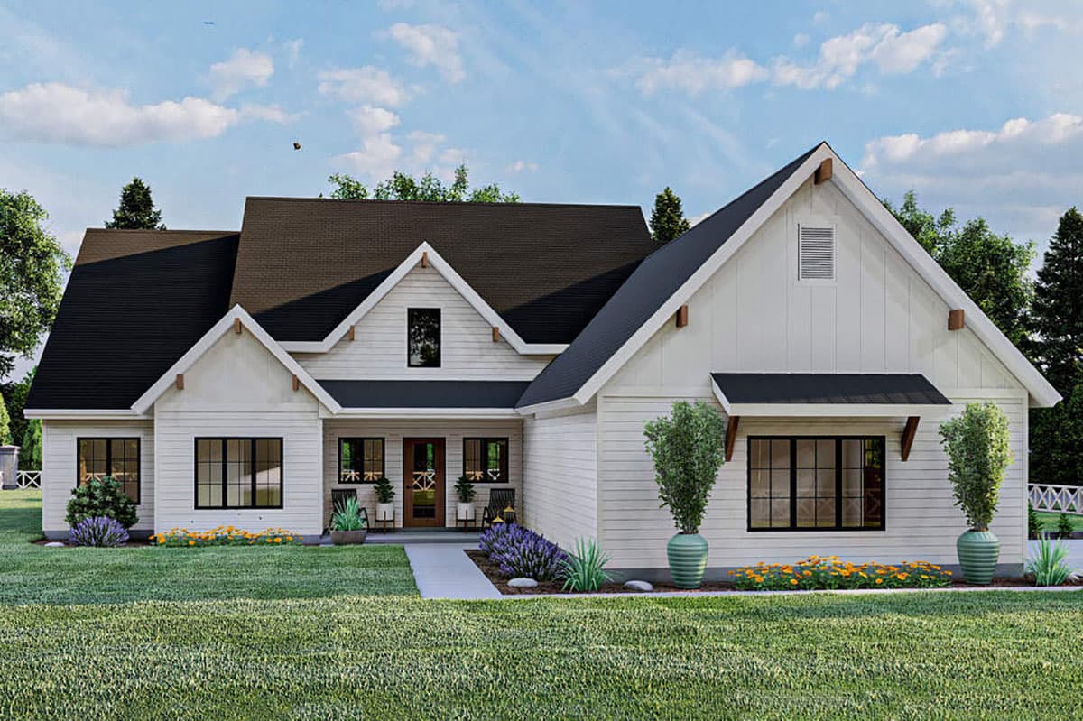 House plan exterior rendering. Modern farmhouse style with gables, a covered porch, and a dark roof. Features include black-framed windows.