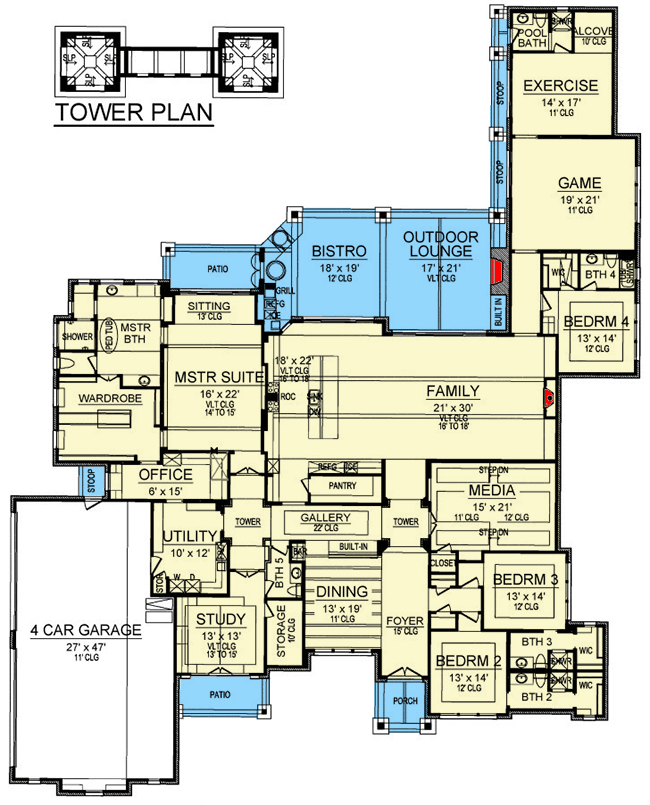 Plan 36628TX: Luxury Tuscan Home Plan for One Level Living with Abundance of Amenities - Floor Plan - Main Level - European, Tuscan
