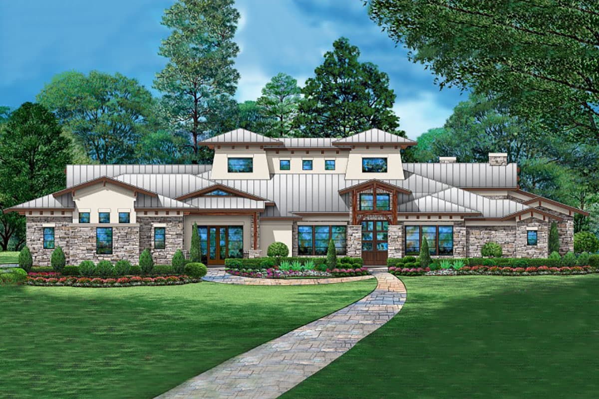 House plan exterior: Modern house with stone facade, multiple gables, metal roof, and large windows.