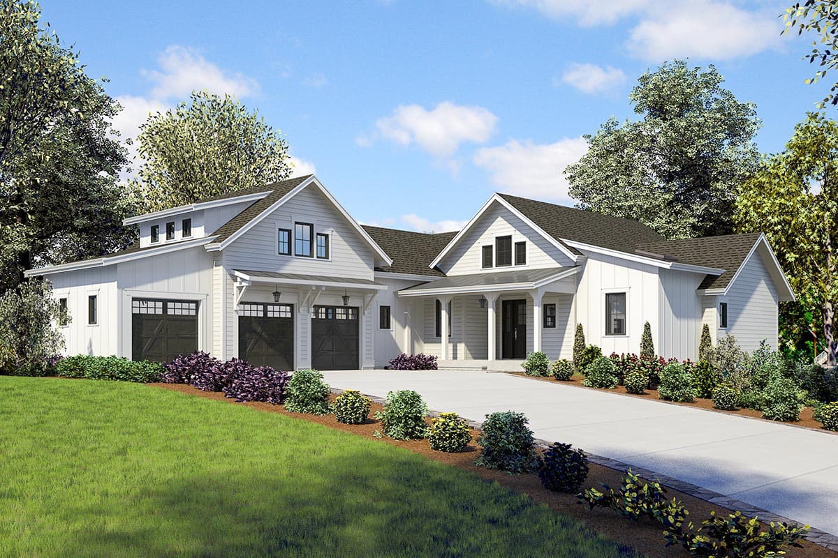 House plan exterior. Modern Farmhouse style with two stories. Features include a front porch, gables, and a detached garage.