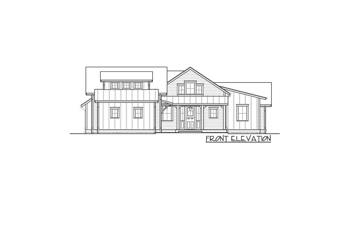 Front elevation drawing of a two-story house plan with a covered porch, gabled roof, and multiple windows.