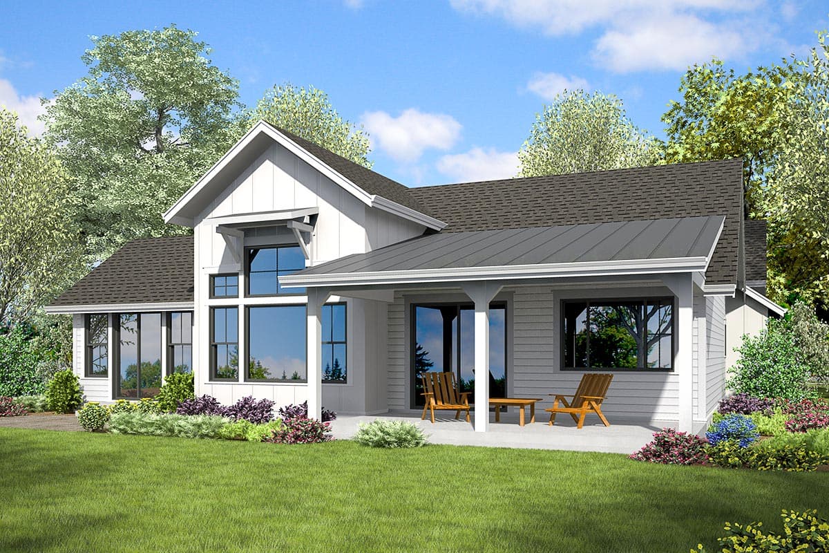 Modern Farmhouse house plan exterior with gabled roof, large windows, and covered porch.