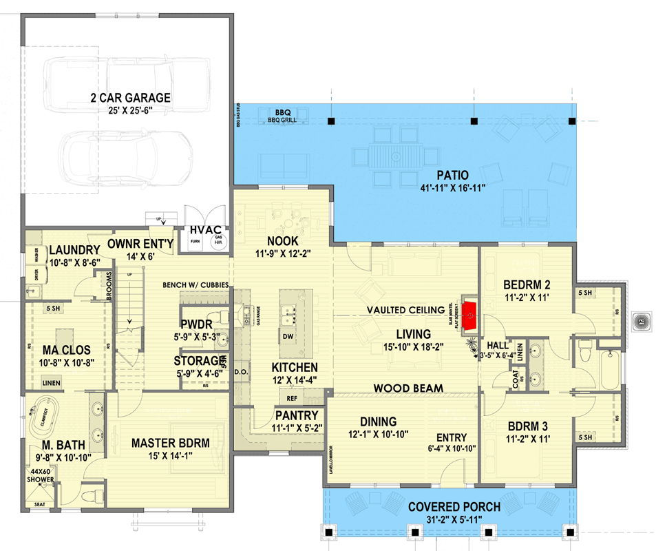 Plan 64504SC: Exclusive Modern Split Bedroom Modern Farmhouse Plan with Large Covered Patio - Floor Plan - Main Level - Country, Farmhouse, Modern Farmhouse, New American, Southern