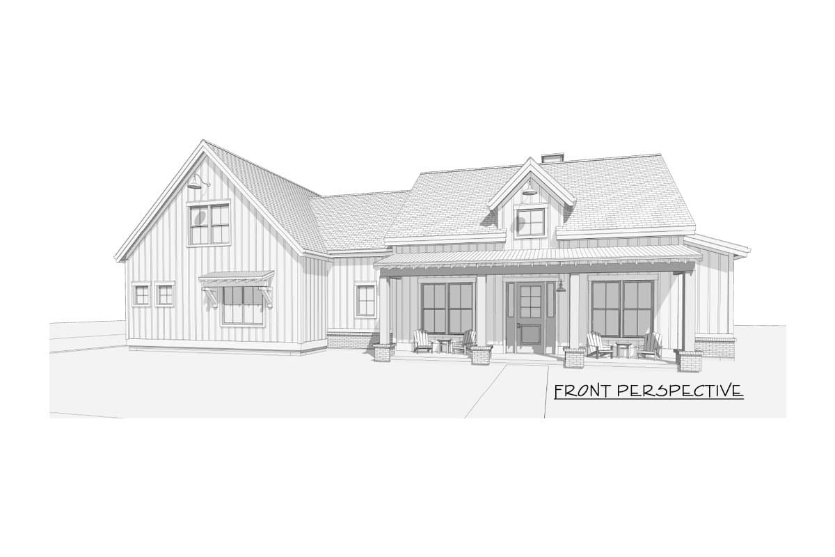 Modern Farmhouse house plan exterior with a covered front porch, gables, and board and batten siding.