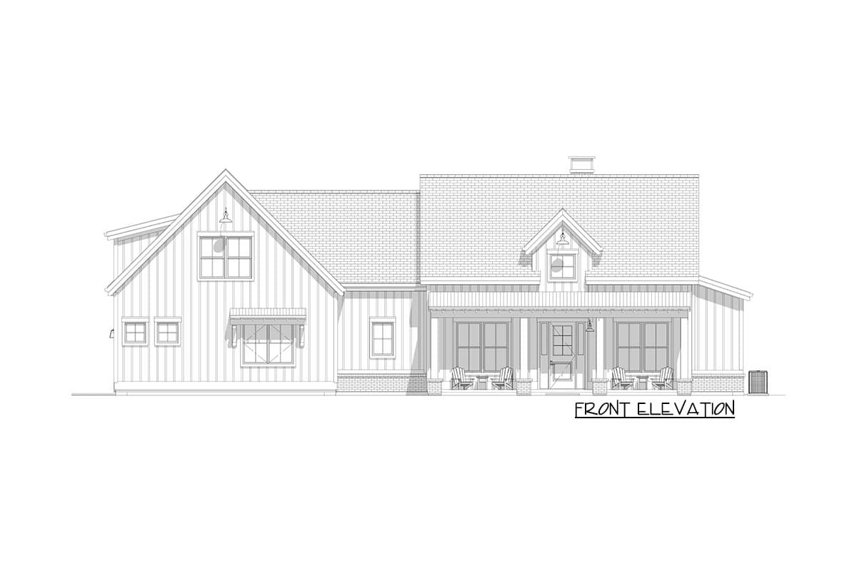 Front elevation drawing of a Modern Farmhouse style house plan with board and batten siding, gables, dormers, and a covered front porch.