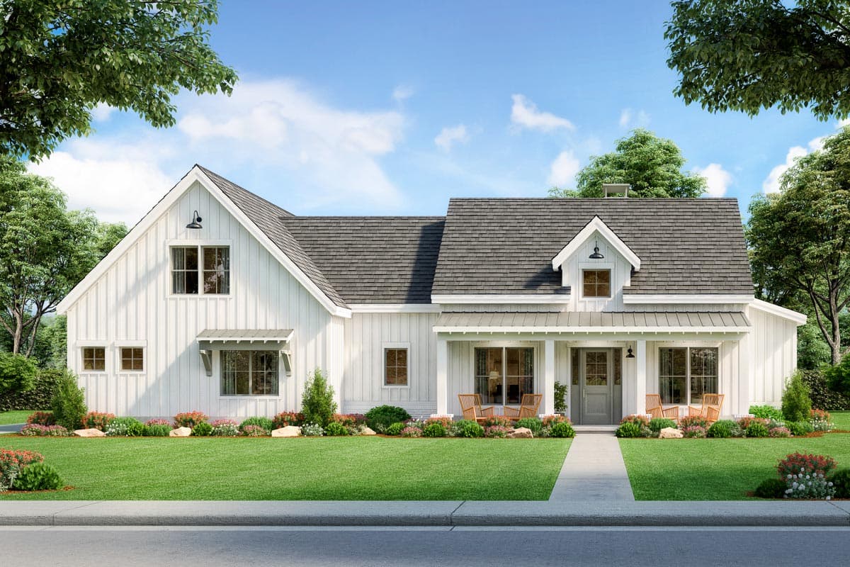 House plan exterior rendering. Modern Farmhouse with board-and-batten siding, a gable roof, covered front porch, and dormer.