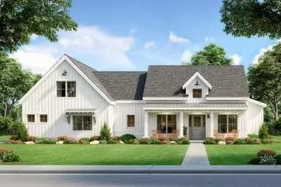 Exclusive Modern Split Bedroom Modern Farmhouse Plan with Large Covered Patio