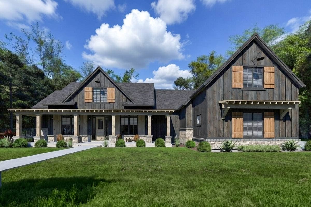 Modern Farmhouse house plan exterior with wraparound porch, board and batten siding, stone accents, and gable dormers.