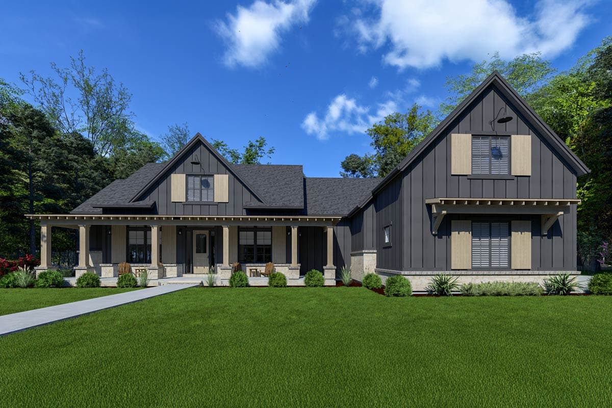 Modern Farmhouse house plan exterior with full-width covered porch, gables, and dark vertical siding.
