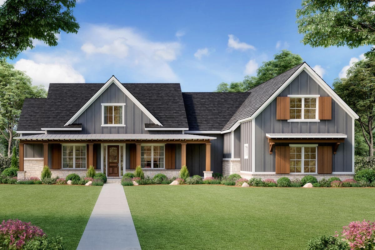 House plan exterior. Modern Farmhouse style with a front porch, gables, and wood shutters. Features a two-story design and a dark roof.