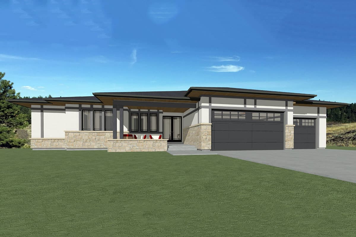 Modern ranch house plan exterior with flat roof, stone accents, covered entry, and a three-car garage.